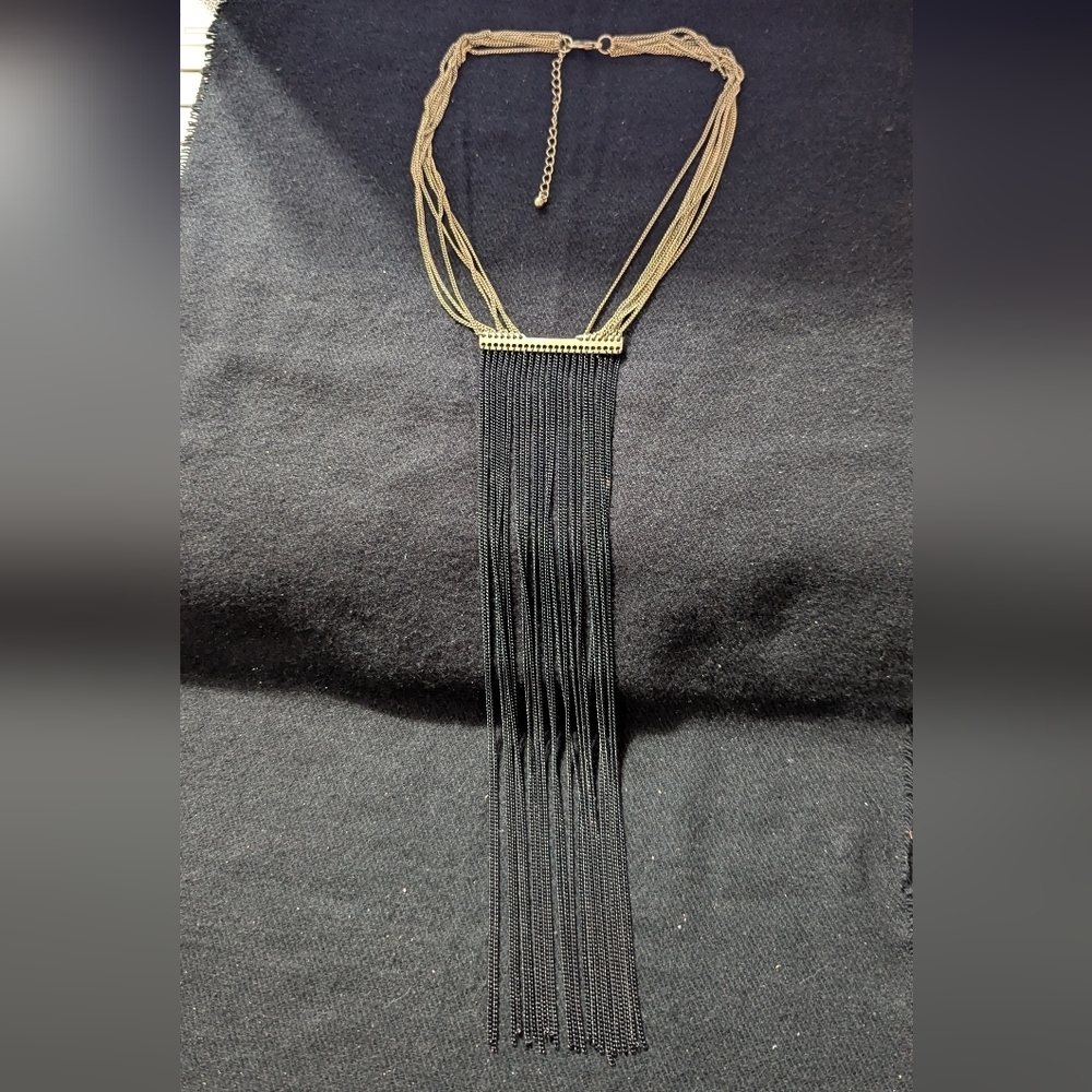 Silver Tone And Black Metal Chain Long Waterfall Statement Necklace